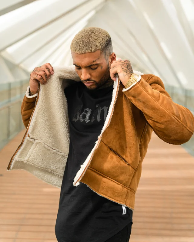 Saint Morta Renegade Sherpa Biker Jacket Tan/Cream Denim Fabric Leather Fabric Suede Fabric