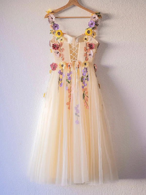 Champagne Corset Floral Tulle Party Dress, Cute A-Line Homecoming Dress Tunics Silk luxurious