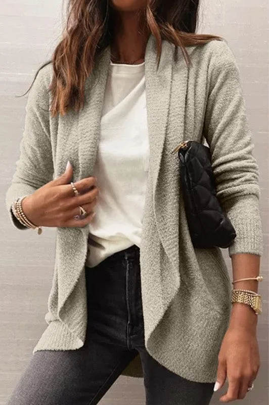 Soft Shawl Style Cardigan - Gray Notch Collar Peter Pan Collar Cowl Neck