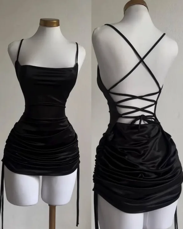 Black Straps Sheath Satin Homecoming Dress Short Party Dress, DP4215 Square Neckline Feminine