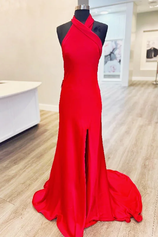 Halter Red Satin Fitted Party Dress with Slit Tunics Leisure comfortable