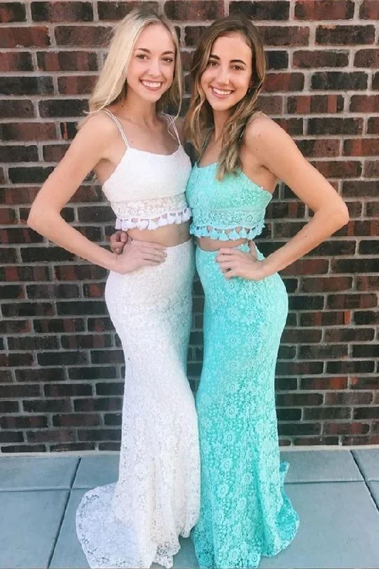 Lace Two Pieces Mermaid Spaghetti Straps Long Sexy Party Dress Prom Dresses Tunics Satin smooth
