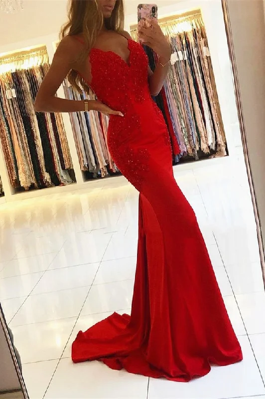 Mermaid Party Dress Red Spaghetti-Straps Long Prom Dress With Appliques Tunics Running lightweight