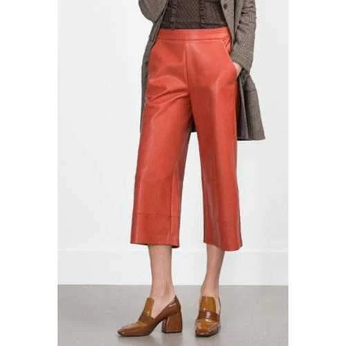 Stylish Orange PU Leather Spliced Women's 3/4 Palazzo Pants - Orange M Stylish Slim Trousers