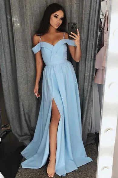 A Line Blue Sweetheart Cold Shoulder Satin Prom Dresses with Slit Long Party Dress Tunics Modern contemporary