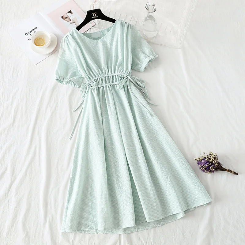 Vintage solid color waist with thin lace up Cotton Linen Skirt  4261 denim skirt durable