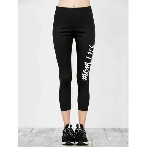 Skinny Letter Print Workout Capri Pants - Black S Casual Lounge Pants