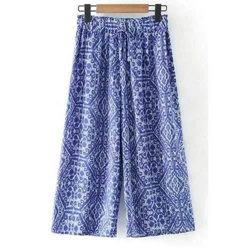 Trendy Elastic Waist Printed Wide Leg Pants For Women - Blue L Comfortable Jogging Pants