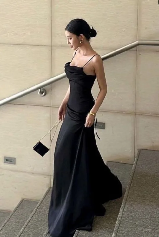 Black Spaghetti Straps A-Line Satin Long Formal Party Dress, DP3668 Tunics Luxurious high-end