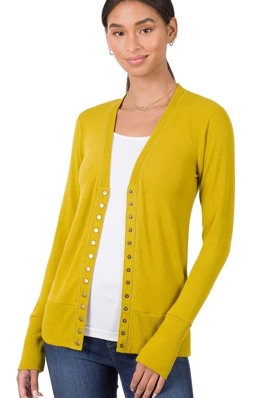 Snap Up Cardigan - Olive Mustard Boxy Cardigan Fitted Cardigan A-Line