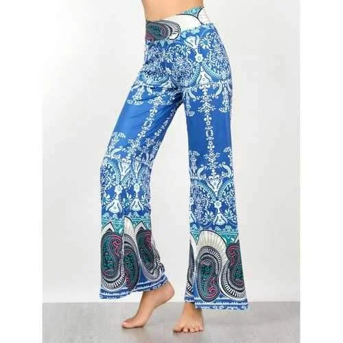 Vintage High Waisted Paisley Print Palazzo Pants - Blue L Classic Flared Pants