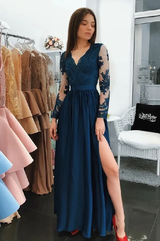 Fashion Dark Blue Long Sleeves V Neck Lace Long Prom Dresses Formal Evening Party Dress Tunics stripes playful