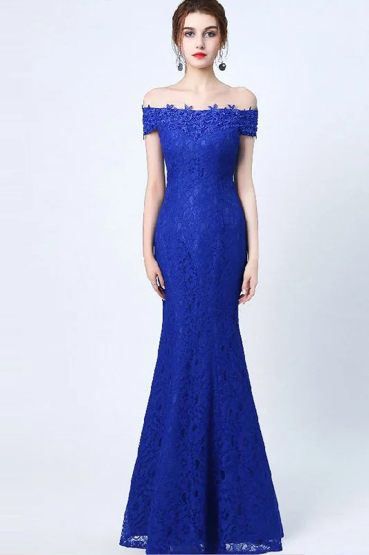 Hot Sales Mermaid Royal Blue Lace Long Off the Shoulder Prom Dress Evening Party Dress Tunics Long Elegant