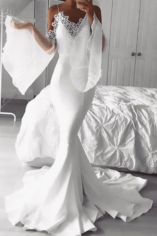 White Chiffon Long Prom Dresses Mermaid Cold Shoulder Flare Sleeves Party Dresses Pencil Length Work
