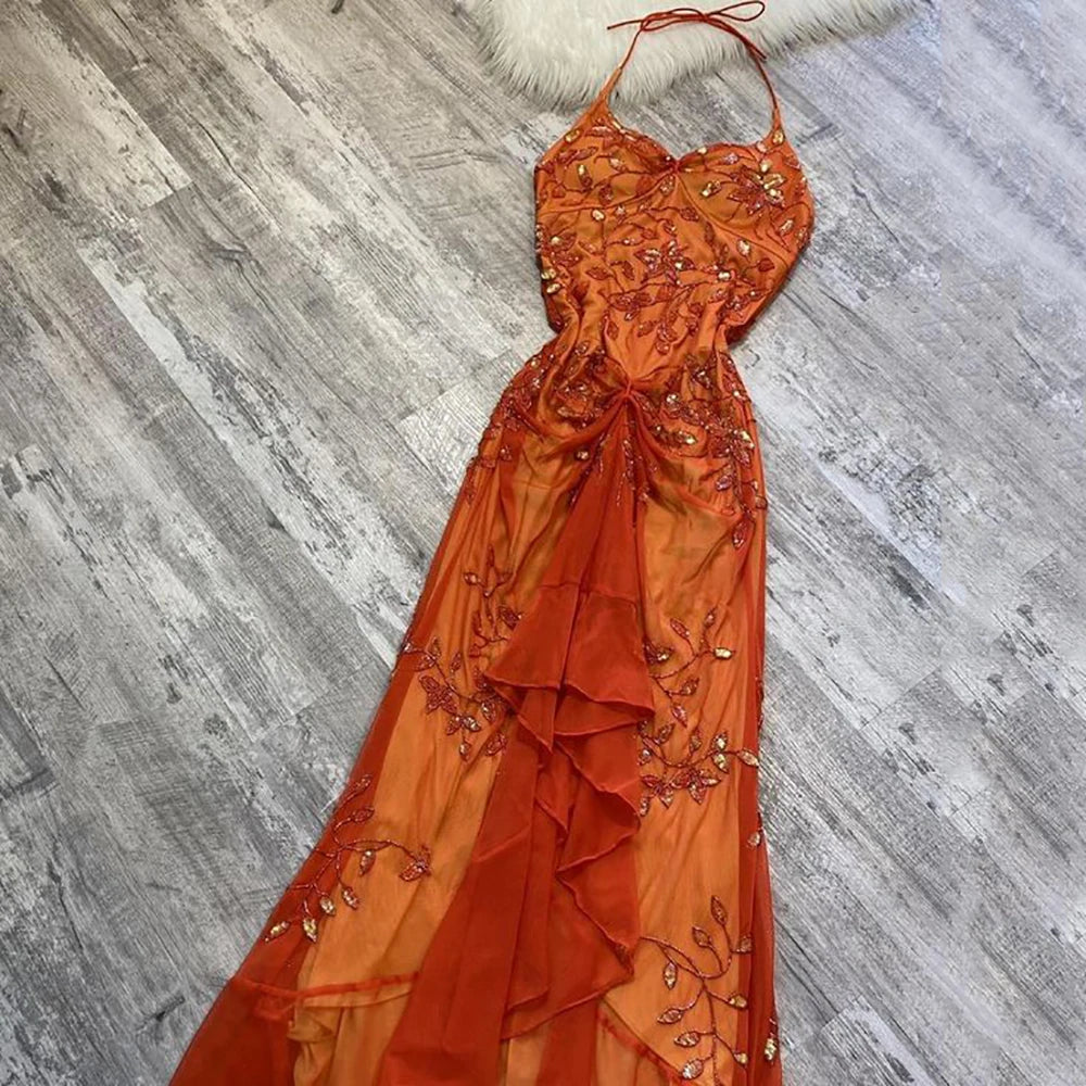 ZJKRL  -  Elegant Orange Spaghetti Straps Beaded Prom Dress Women 2025 Gorgeous Mermaid Tulle Party Dresses Sequins Evening Dress Tunics Formal black