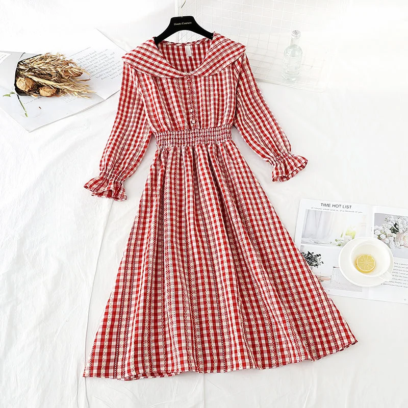 French retro Plaid Platycodon skirt shows thin temperament at the waist  4219 corduroy skirt cozy