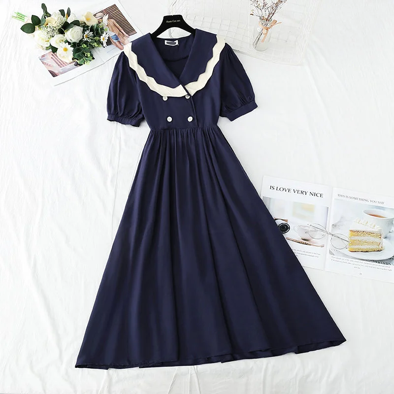 French retro doll collar bubble sleeve waist closing tea break skirt  4268 flowy skirt hem