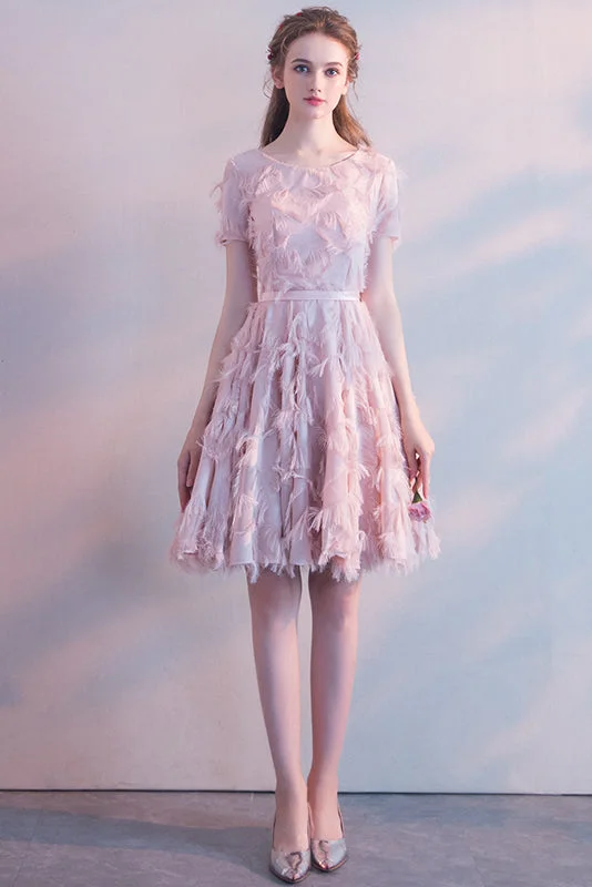 Pink Short Sleeves Tea-length Party Dress with Featherss Prom Dress Homecoming Dresses Tunics Vintage classic