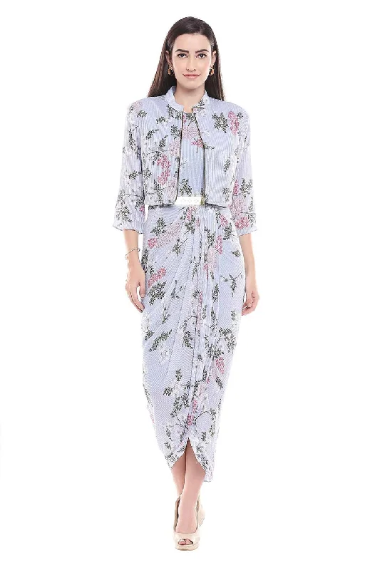 Blue Drape Dress & Jacket Co-Ord Set Toggled Jacket Drawstring Jacket Belted Jacket
