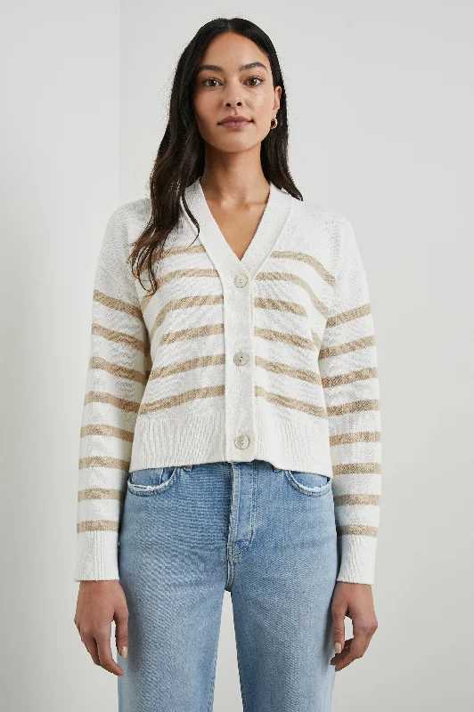 GENEVA CARDIGAN - SAND STRIPE Crew Neck V-Neck Turtle Neck