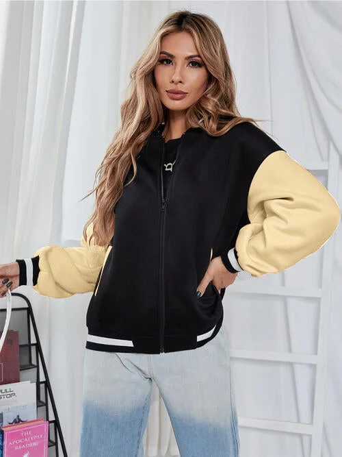 Contrast Baseball Collar Zip-Up Jacket Nylon Fabric Polyester Fabric Spandex Fabric