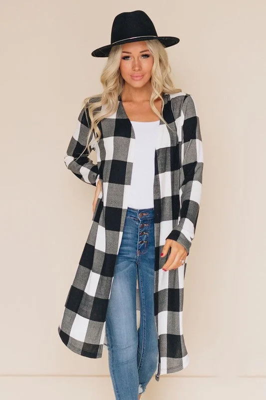Buffalo Plaid Cardigan - Black Fleece Fabric Down Fabric Feather Fabric