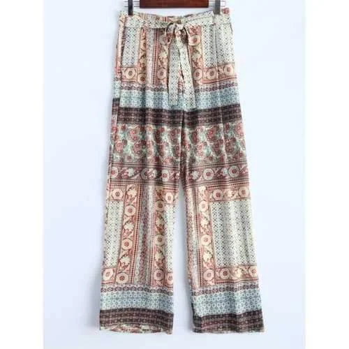 Ornate Floral Print Wide Leg Palazzo Pants - L Slim-Fit Leggings