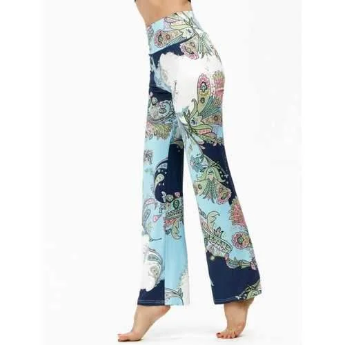 High Waisted Ethnic Print Boho Pants - Light Blue Xl Comfortable Wide-Leg Pants