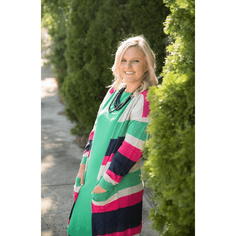 Pink Color Blocked Tissue Cardigan Herringbone Houndstooth Plaid