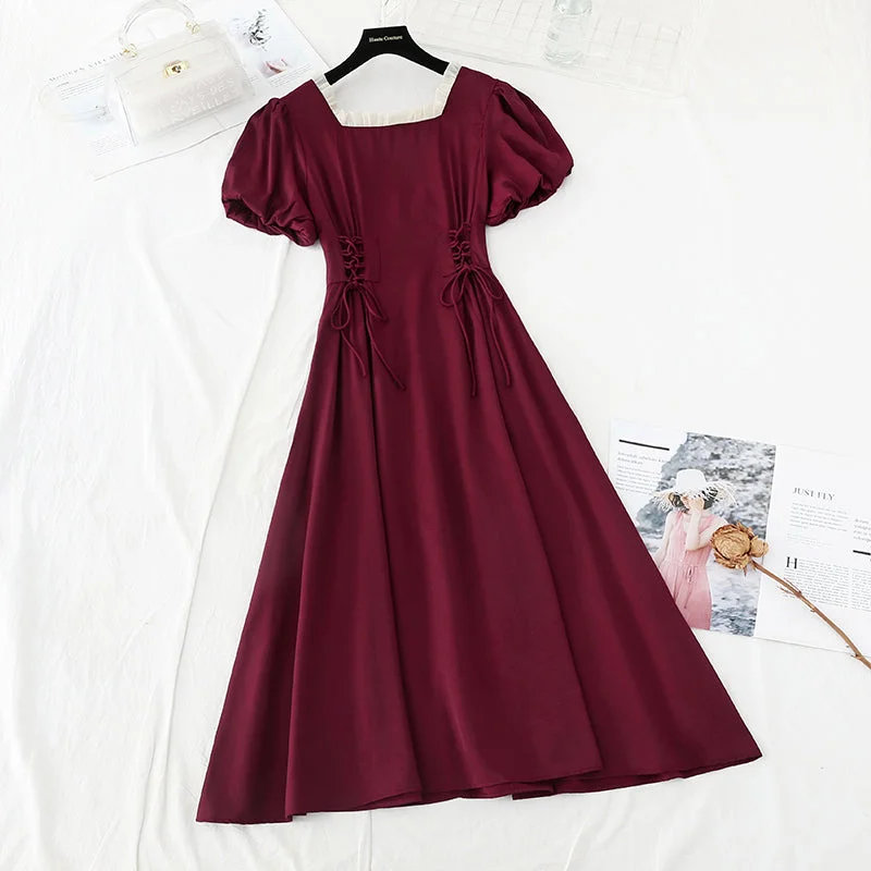 New French retro square neck first love waist slim fairy skirt  4226 button skirt front