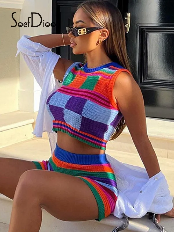 Knitted Contrast Color Crop Tank Top and Shorts gym tank top