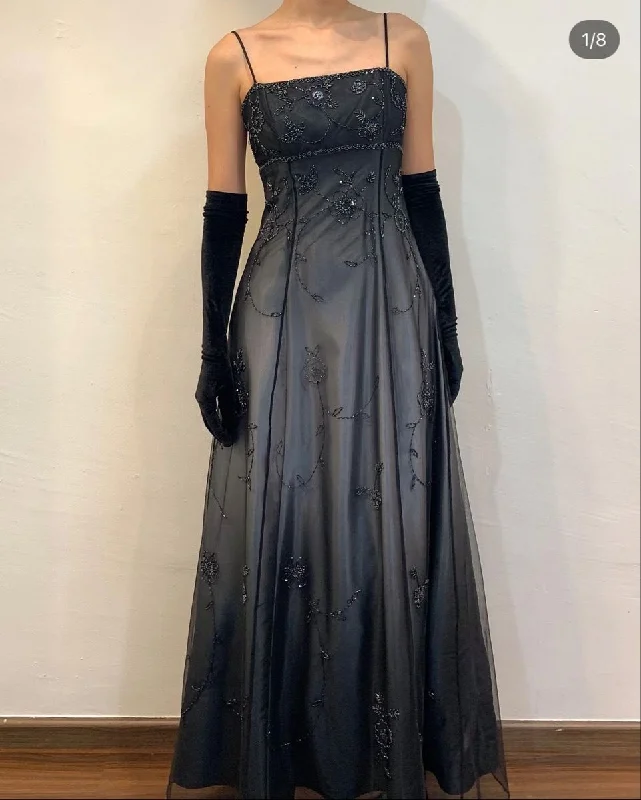 Black Straps Ombre A-Line Beading Long Formal Prom Dress Vintage Party Dress, DP4792 Tunics Trendy modern