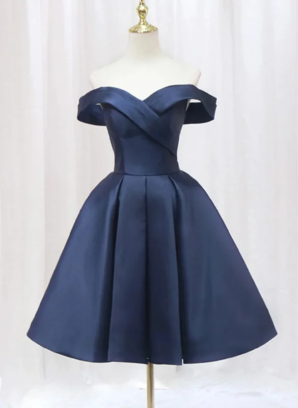 Navy Blue Satin Off Shoulder Knee Length Party Dress, Navy Blue Homecoming Dress Tunics Practical easy-care