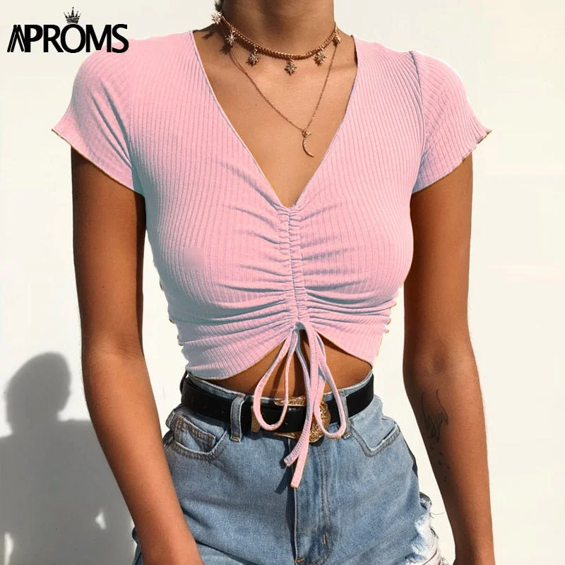 Aproms Sexy V Neck Cropped Tank Tops Women Drawstring Tie Up Front Camis Candy Colors Streetwear Slim Fit Ribbed Crop Top 2020 lightweight tank top