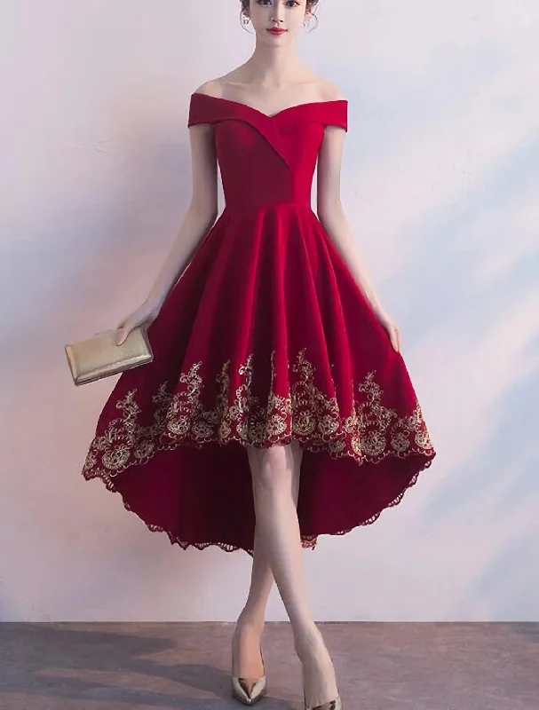 Beautiful Red High Low Party Dress, With Gold Applique Stylish Formal Dress, Cute Party Dress, Homecoming Dress Tunics Solid Classic