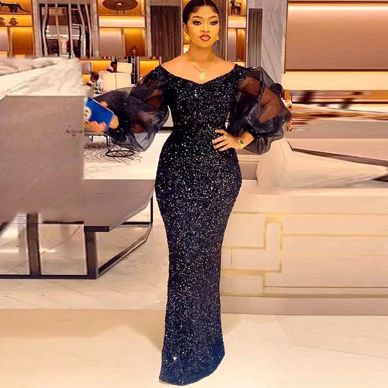 Zjkrl  -  Navy Blue Sequined Mermaid Prom Dresses Puffy Sheer Long Sleeves Evening Gowns Saudi Arabia Floor Length Party Dress Tunics Favorite customer