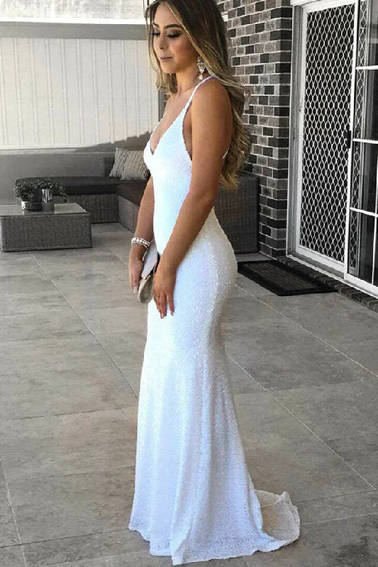 White Sequin Deep V Neck Backless Long Mermaid Prom Dresses Formal Evening Party Dress Off-the-shoulder Chic Trendy