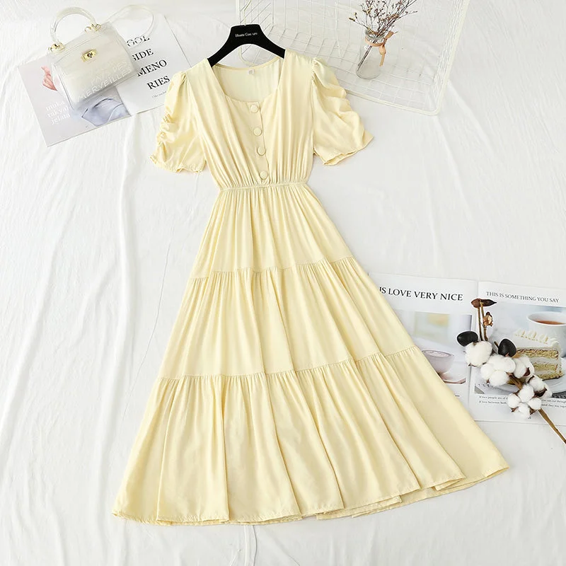 French square neck bubble sleeve fairy skirt with thin temperament  4241 wool skirt breathable