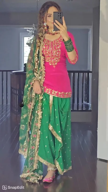 Pink and Green New Designer Party Wear Look Top Dhoti Skirt and Dupatta Set a-line skirt cut