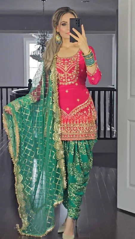 Pink and Green Colour Party Wear Look Top Dhoti Skirt and Dupatta Set leather skirt sleek