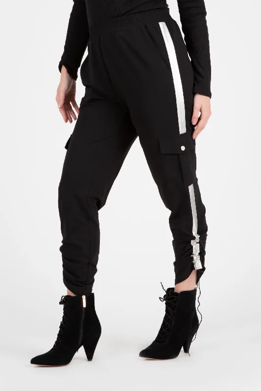Knit Cargo Pant w Faux Leather Side Strip Black/Silver Comfortable Maternity Pants