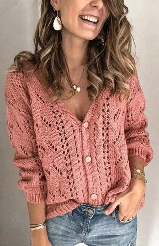 Holes Pattern Women Cardigan Sweater Denim Fabric Leather Fabric Suede Fabric