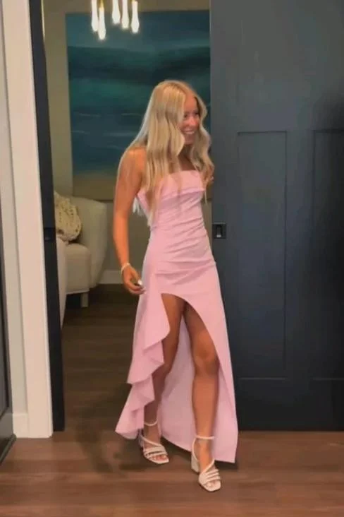 Strapless Pink Fitted Frill Slit Party Dress Tunics Hiking breathable