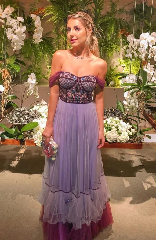 Off the Shouder A Line Tulle Long Evening Party Dresses Prom Dress WIth Beading Tunics Office stylish