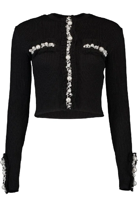 Pearl Embroidered Crop Cardigan Front Pockets Side Pockets Patch Pockets