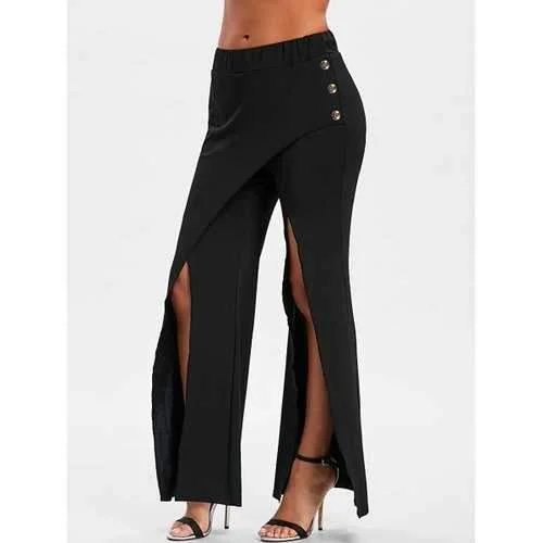 Asymmetric Overlap Slit Flare Pants - Black M Slim-Fit Leggings