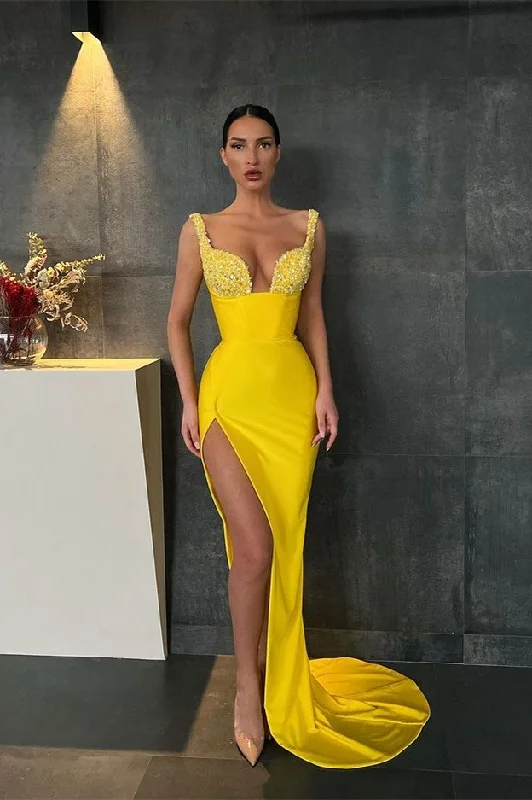 Party Dress Mermaid Sexy Chiffon Yellow Sequins Straps Prom Dress With Slit Tunics Office stylish