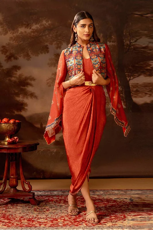 Red Orani Embellished Draped Dress & Jacket Set Wool Jacket Cashmere Jacket Tweed Jacket