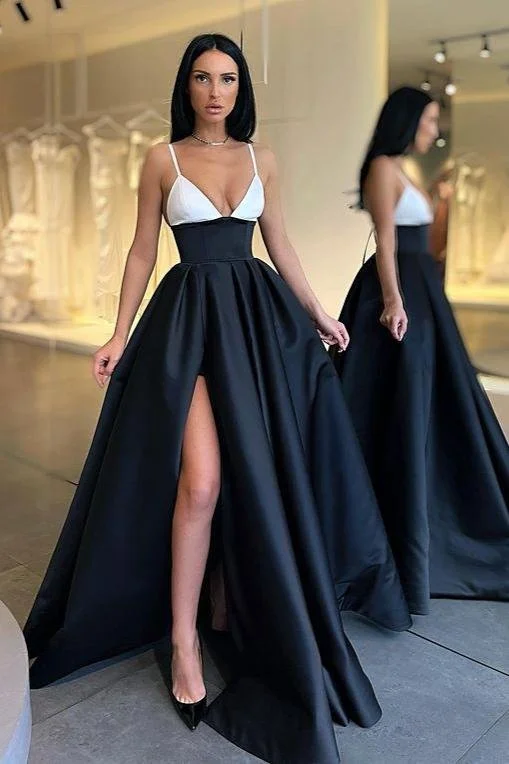 A-Line Satin Party Dress Black and White Spaghetti-Straps Prom Dress Tunics Fleece cozy