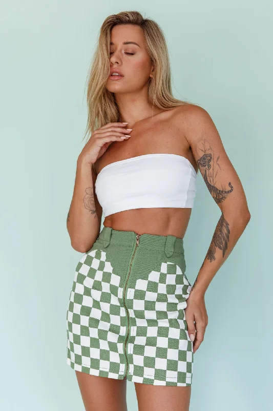 Rewind Zipper Front Mini Skirt Checkered Green leather skirt durable